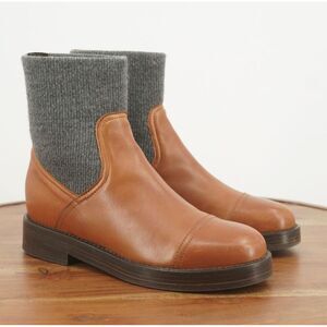 J Crew Womens Rib Cuff Italian Leather Cap Toe Boots Size 8 Brown Grey Knit